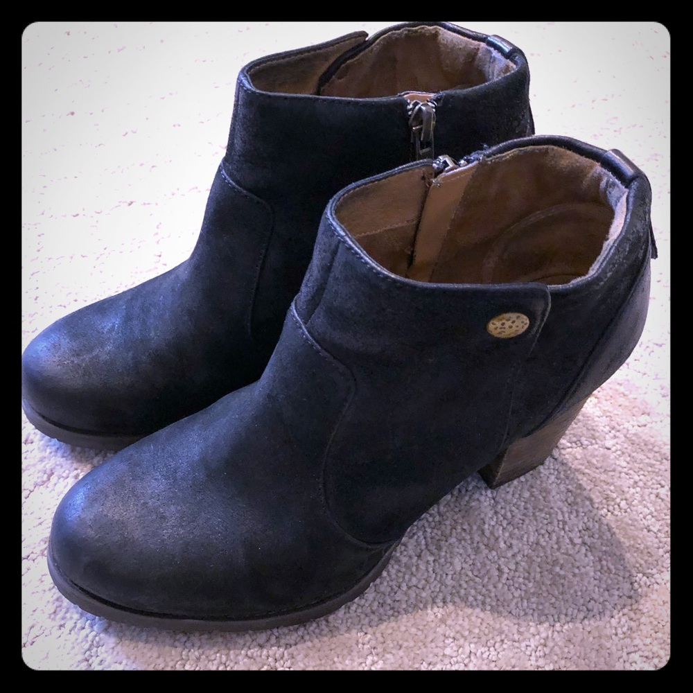 Clarks Black Nubuck Short Booties with Stacked Heel